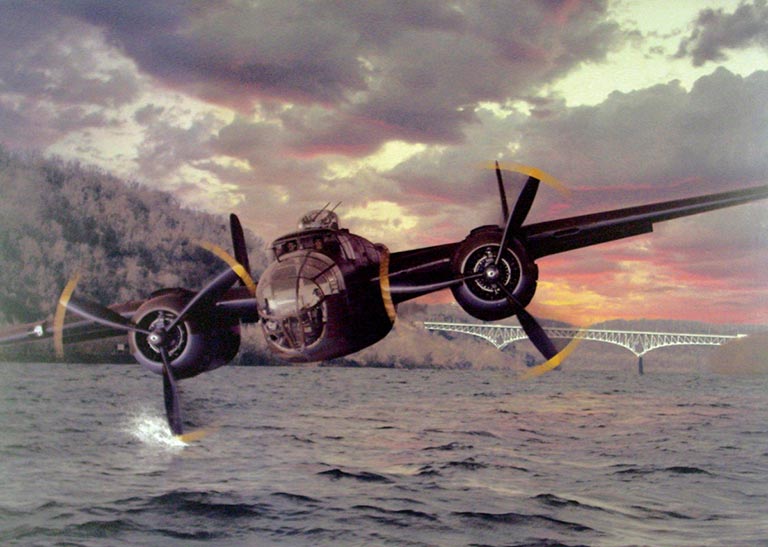 A vintage military plane flies low over a choppy sea at sunset, with a dramatic, cloudy sky and distant bridge in background, evoking tension and nostalgia.