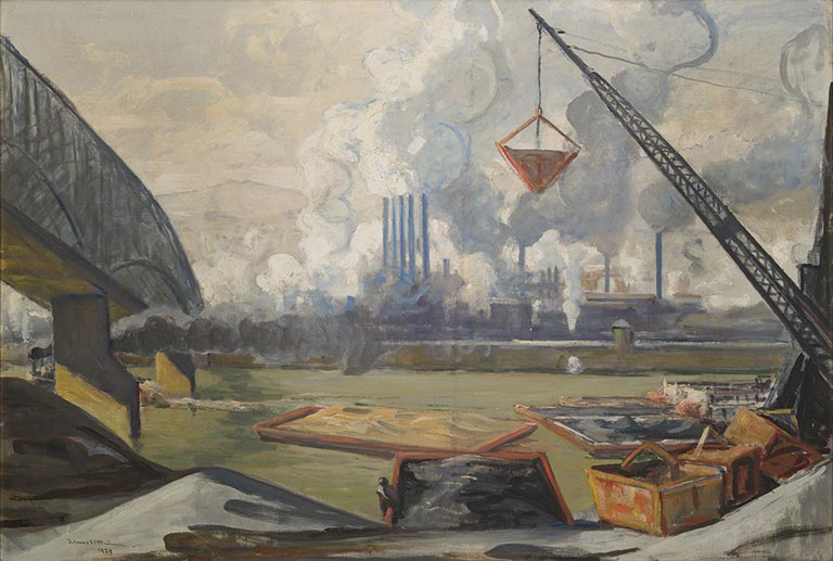 Industrial scene depicting a smoky landscape with a crane lifting material, surrounded by factories releasing smoke, and a bridge in the background. The mood is gritty.