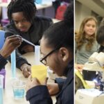 Students engaged in science class; left group conducting a liquid experiment, right boy using a microscope. Curious and focused expressions.