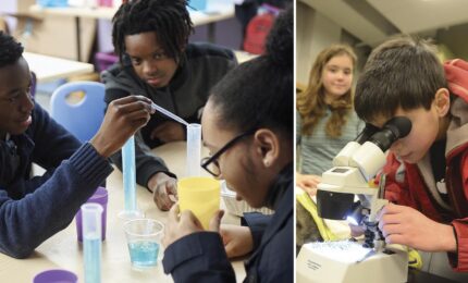 Students engaged in science class; left group conducting a liquid experiment, right boy using a microscope. Curious and focused expressions.
