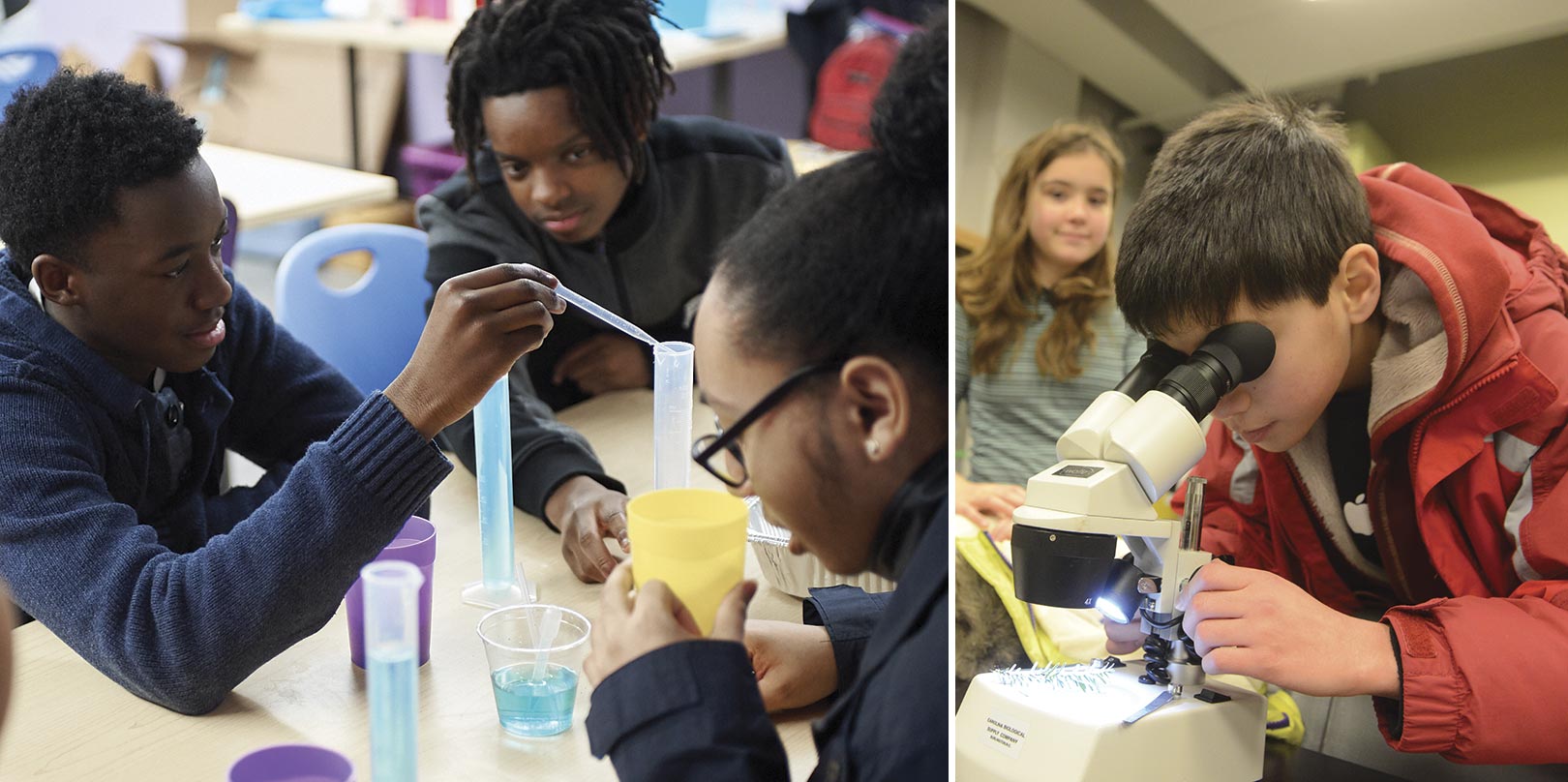 Students engaged in science class; left group conducting a liquid experiment, right boy using a microscope. Curious and focused expressions.