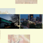 A collage features buildings and a cityscape. From left: a traditional building with a modern extension, a science center sign, a city skyline at dusk, and a modern green building. Neutral-colored abstract patterns form the background, creating a contemporary feel.
