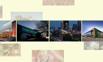 A collage features buildings and a cityscape. From left: a traditional building with a modern extension, a science center sign, a city skyline at dusk, and a modern green building. Neutral-colored abstract patterns form the background, creating a contemporary feel.