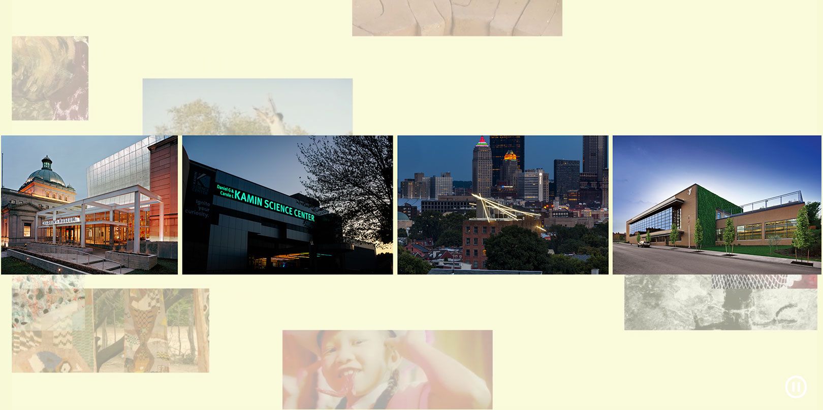 A collage features buildings and a cityscape. From left: a traditional building with a modern extension, a science center sign, a city skyline at dusk, and a modern green building. Neutral-colored abstract patterns form the background, creating a contemporary feel.