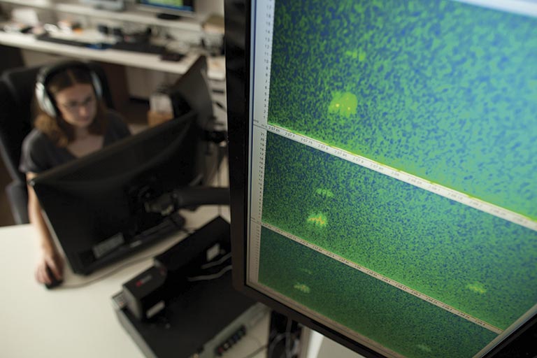 A woman wearing headphones works at a computer. In the foreground, a large monitor displays colorful sonar or data graphs, creating a focused, technological atmosphere.