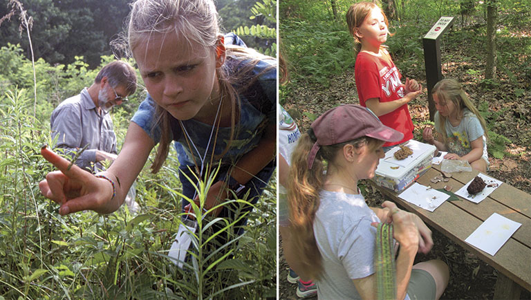 On the left, a girl crouches and points intently at plants, surrounded by greenery and a man observing nearby. On the right, children at a picnic table in a forest enjoy a cake, one child blowing on a candle, creating a joyful, exploratory atmosphere.