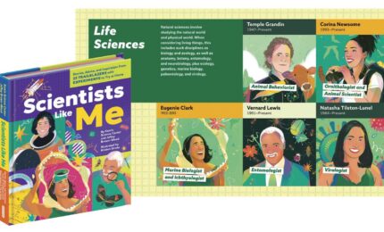 "Cover and interior of 'Scientists Like Me' book featuring diverse scientists in life sciences. Bright portraits with labels like Marine Biologist and Virologist convey inspiration and diversity in STEM fields."