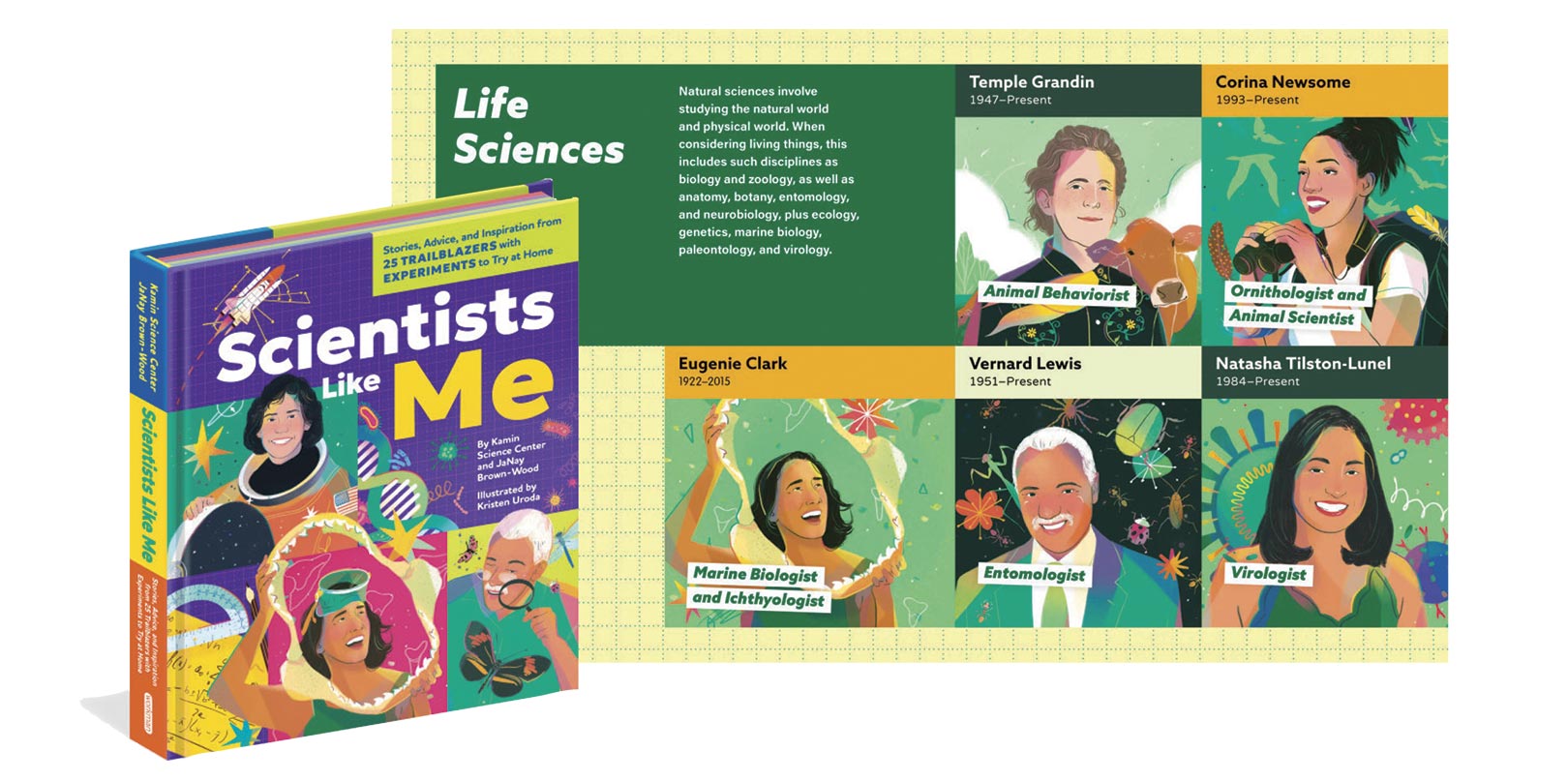 "Cover and interior of 'Scientists Like Me' book featuring diverse scientists in life sciences. Bright portraits with labels like Marine Biologist and Virologist convey inspiration and diversity in STEM fields."