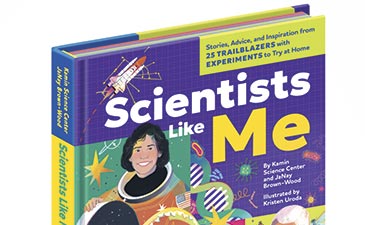 Book cover titled "Scientists Like Me" features a female astronaut, space imagery, and scientific instruments, conveying inspiration and curiosity.