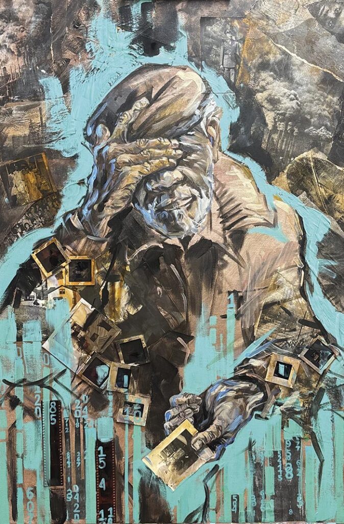 Abstract painting of an elderly man holding photographs, hand covering his eyes. The background is a mix of teal, brown, and beige, with a reflective, nostalgic tone.