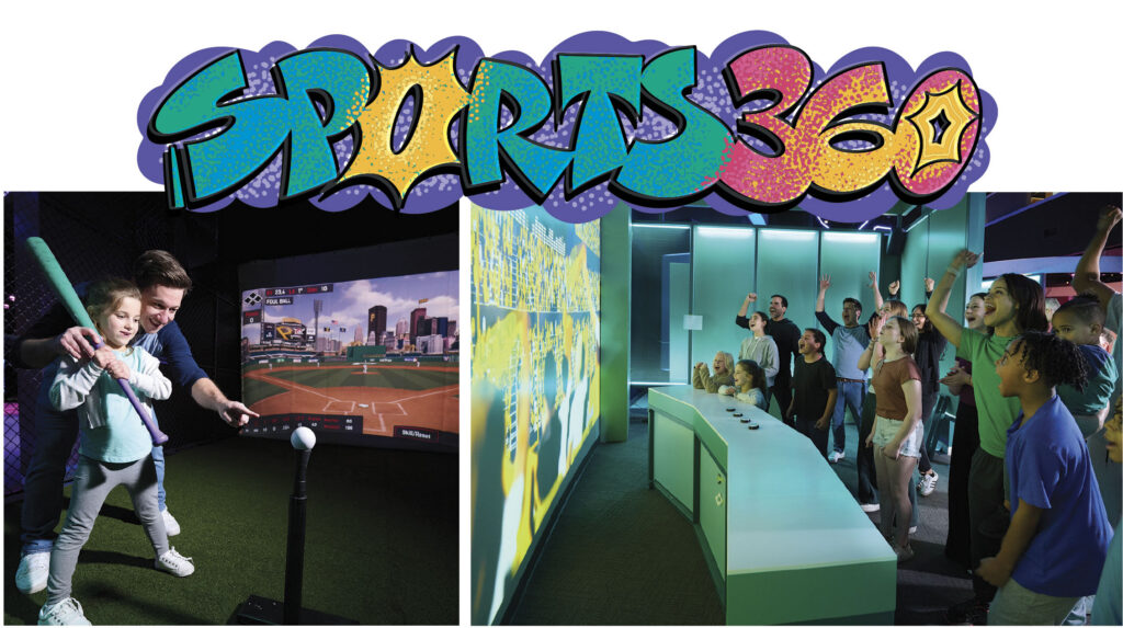 Graffiti-style "Sports 360" sign above two scenes: a man and girl at a baseball simulator, and an enthusiastic group watching a sports screen. Energetic, fun vibe.