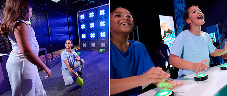 Children are joyfully playing interactive games indoors. On the left, a child kneels with a green ball. On the right, they eagerly press buttons.