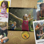Collage of summer camp activities: A child paints in an art class, two kids in science gear, a girl near water, and a child observing nature. Energetic and fun.