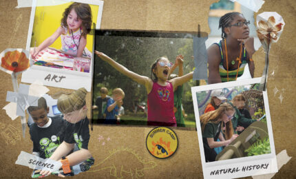 Collage of summer camp activities: A child paints in an art class, two kids in science gear, a girl near water, and a child observing nature. Energetic and fun.