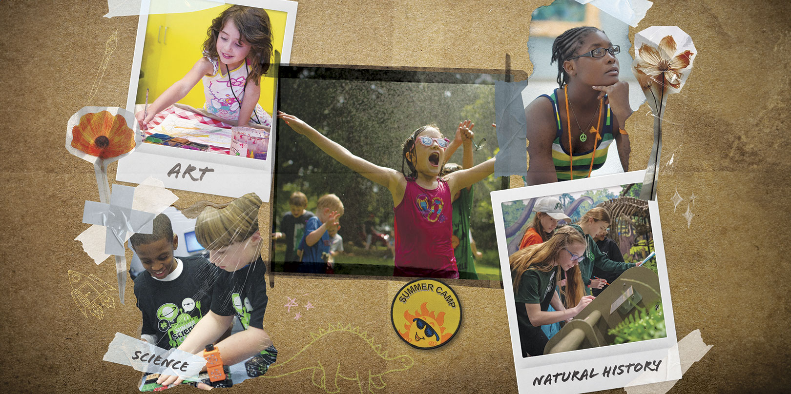 Collage of summer camp activities: A child paints in an art class, two kids in science gear, a girl near water, and a child observing nature. Energetic and fun.