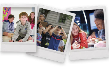 Three photos show children engaged in activities: a boy crawling in class, kids using binoculars outdoors, and two girls smiling over a project indoors.
