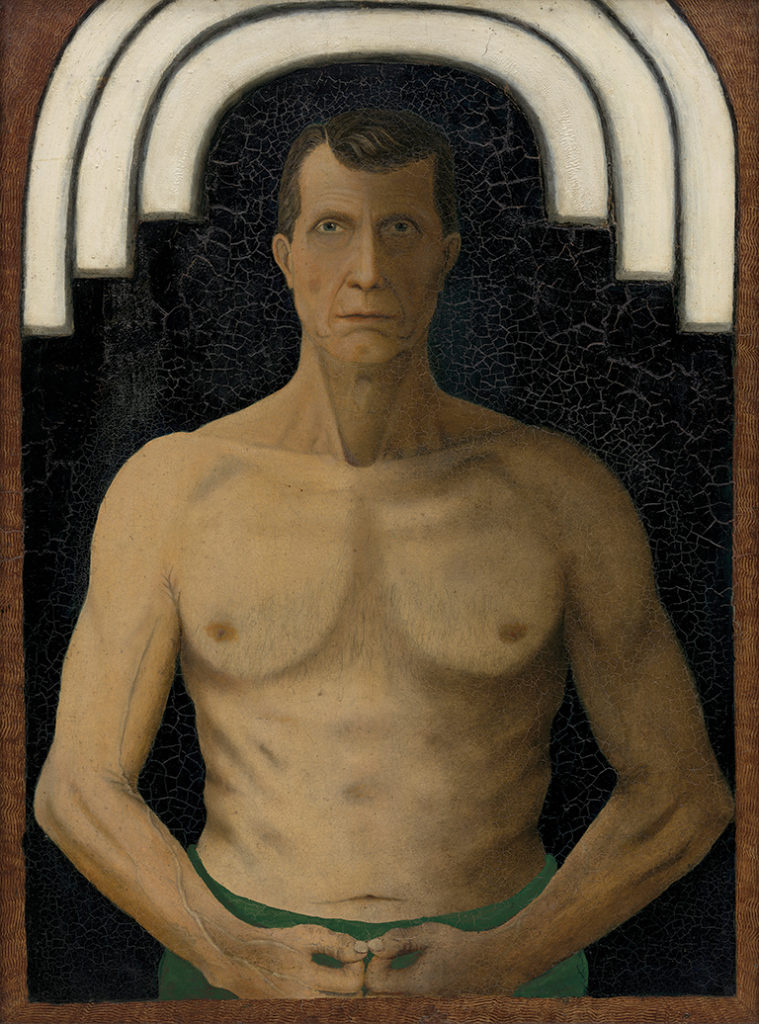paining of the artist without a shirt staring straight ahead