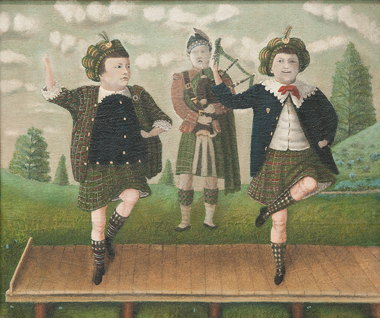 painting of two kilt-clad Scottish dancers and a bagpipe player