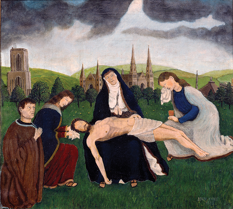 Painting of a catholic nun holding the body of Jesus Christ with 2 women weeping on either side of her, a man is kneeling in front of them.