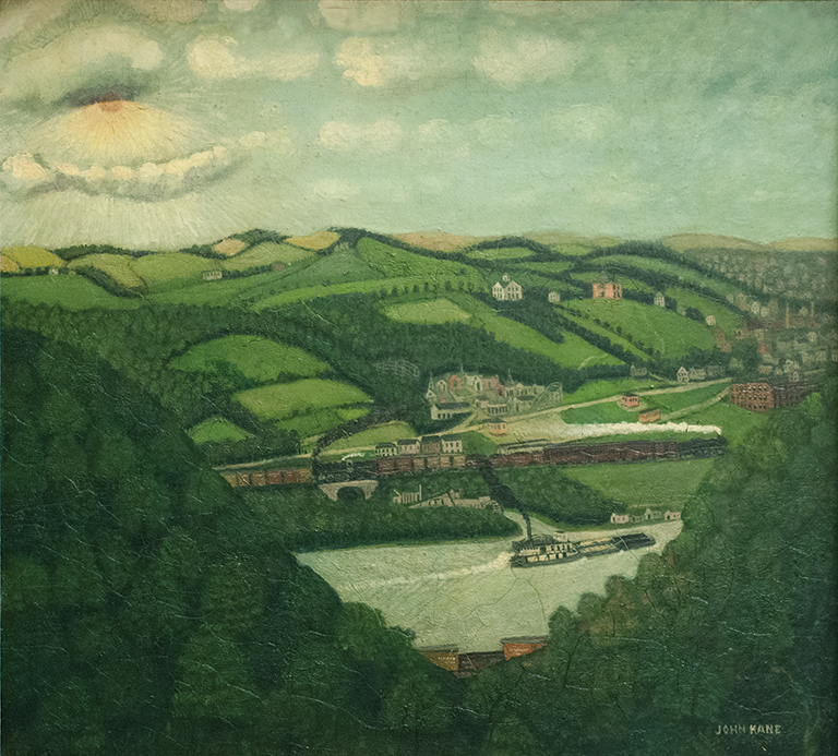 painitng of a view of a river between 2 hillsides with a countryside in the distance.