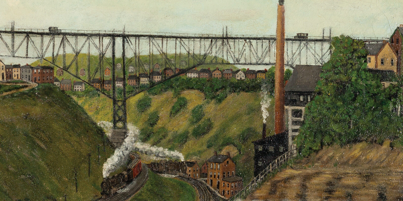 Painting of a valley with train tracks running beneath a bridge, there are houses on the hillsides and a boiler plant with a smoke stack on one side
