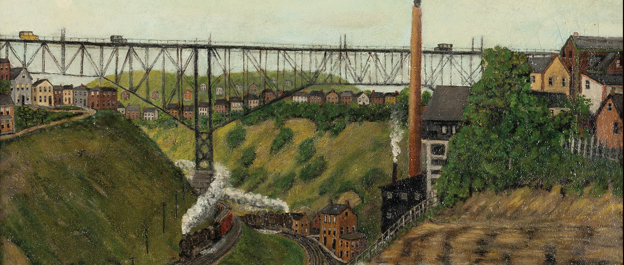 Painting of a valley with train tracks running beneath a bridge, there are houses on the hillsides and a boiler plant with a smoke stack on one side