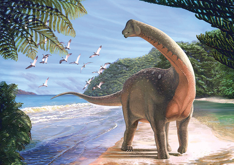 large dinosaur walking on shoreline