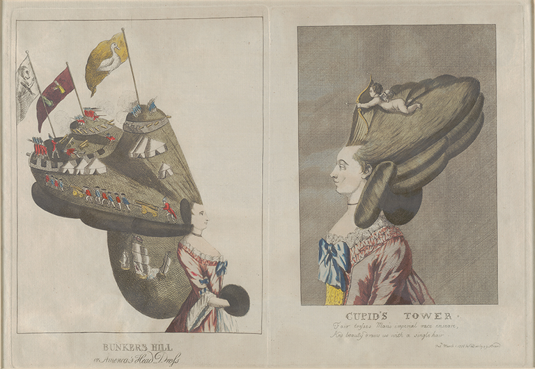 two prints from 1776 showing caricatures of women with elevated hairstyles popular in 18th-century