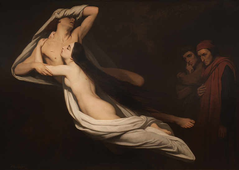 Two figures embracing while two men look on from the dark