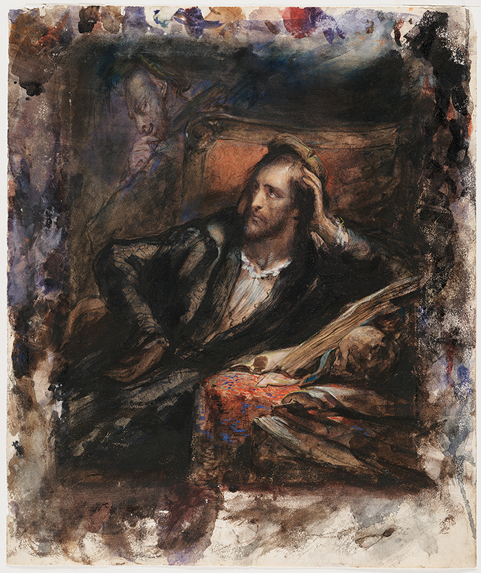 painting of man sitting and leaning on his elbow