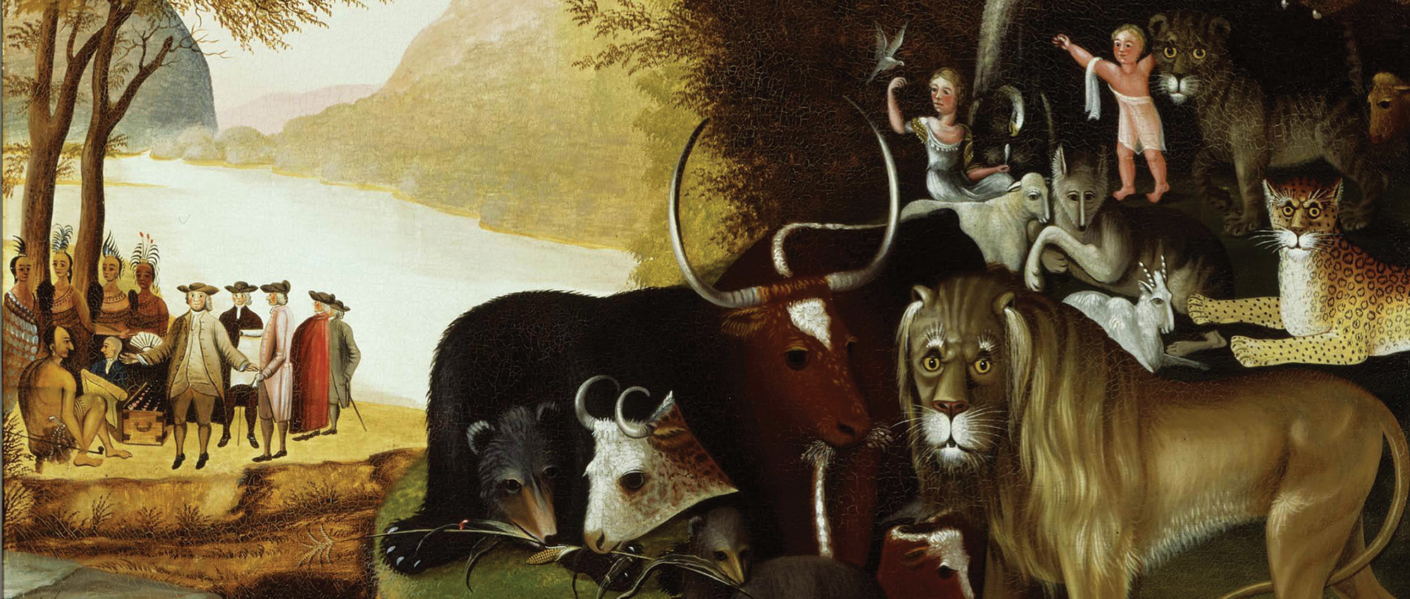 A detail of a painting depicting people and animals