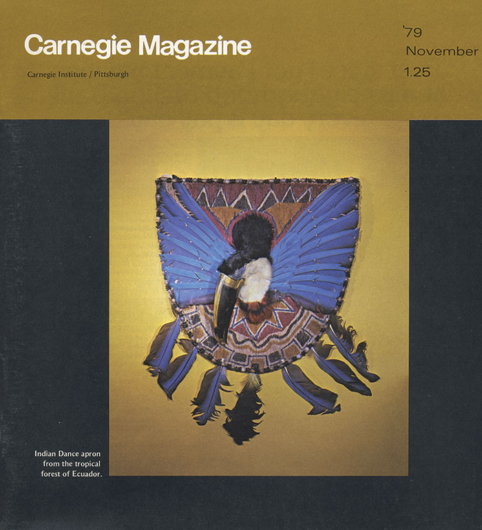 Cover of Carnegie Magazine featuring a colorful Indian dance apron from Ecuador's tropical forest, adorned with feathers and beads.