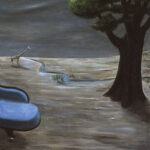 A surreal landscape featuring a blue chaise lounge, a small table, a flowing river, a giraffe, barren trees, and a dark, cloudy sky.