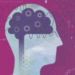 Illustration of a human head in profile with a brain made of gears and waves, surrounded by scientific symbols and patterns on a purple background.