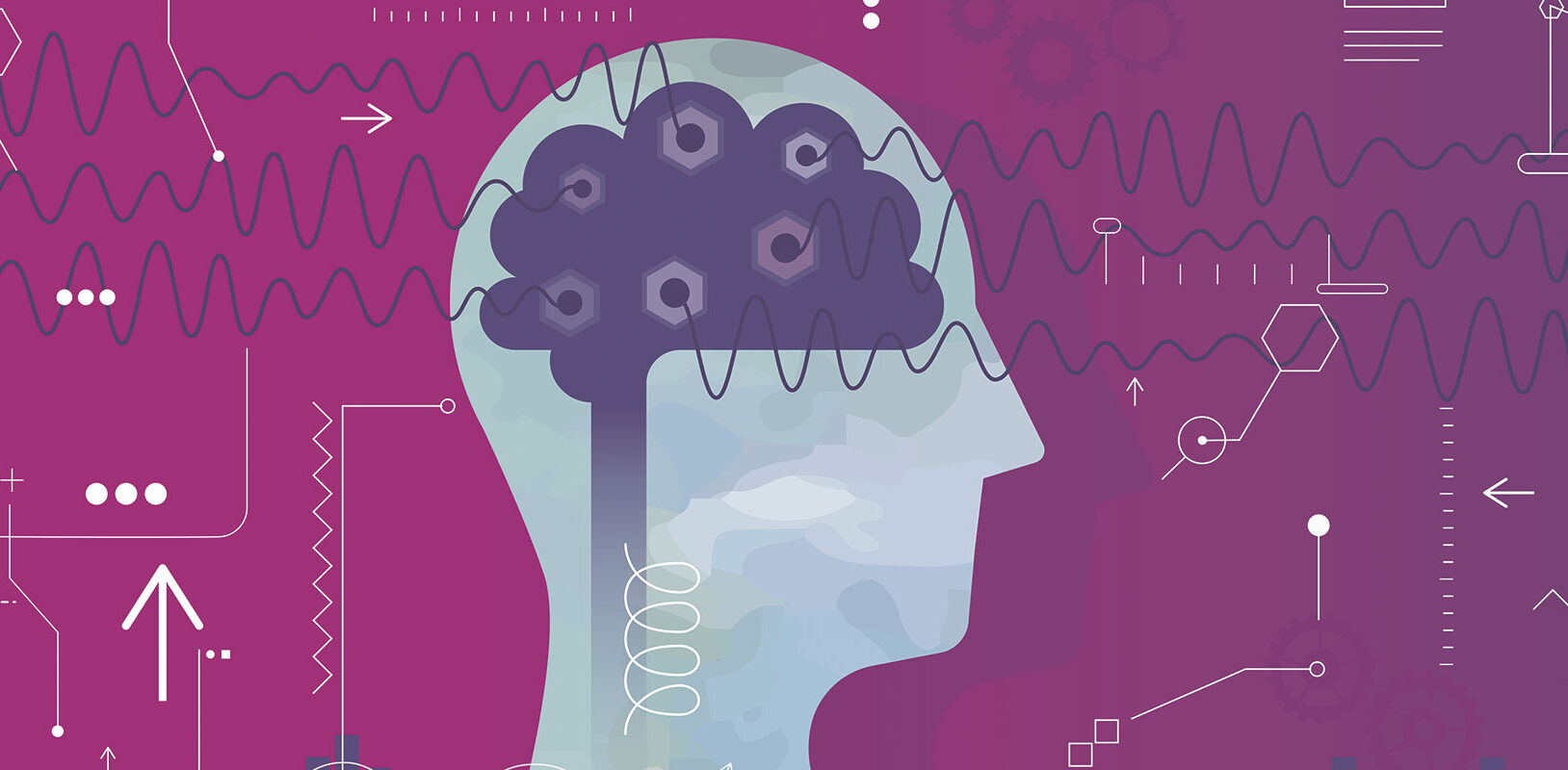 Illustration of a human head in profile with a brain made of gears and waves, surrounded by scientific symbols and patterns on a purple background.