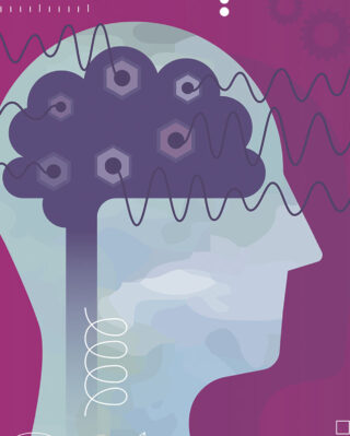Illustration of a human head in profile with a brain made of gears and waves, surrounded by scientific symbols and patterns on a purple background.