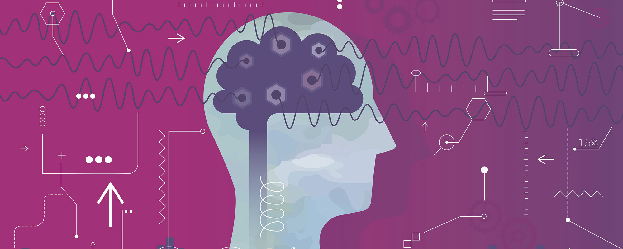 Illustration of a human head in profile with a brain made of gears and waves, surrounded by scientific symbols and patterns on a purple background.