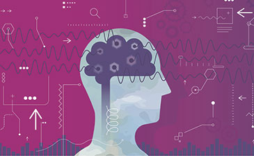 Illustration of a human head in profile with a brain made of gears and waves, surrounded by scientific symbols and patterns on a purple background.