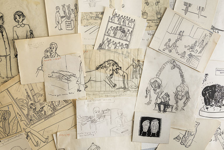 A collage of various sketches and drawings on aged paper, showcasing scenes of characters, animals, and humorous illustrations.