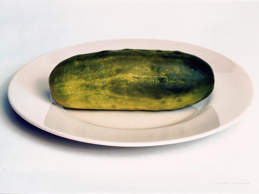 Photo of a gherkin pickle on a white plate