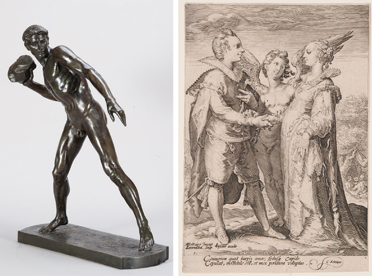 a sculpture of a man throwing a stone and a engraving of a man talking to two women