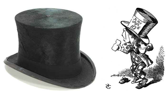 an old felt top hat and a cartoon of the madhatter from Alice in Wonderland