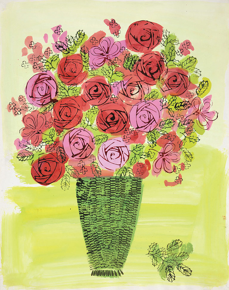 a colorful painting of a basket of pink and red flowers in a green basket