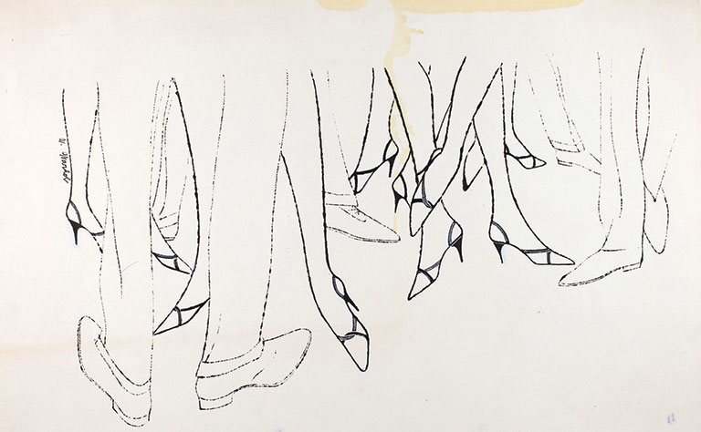 black and white line drawing of people's legs and shoes