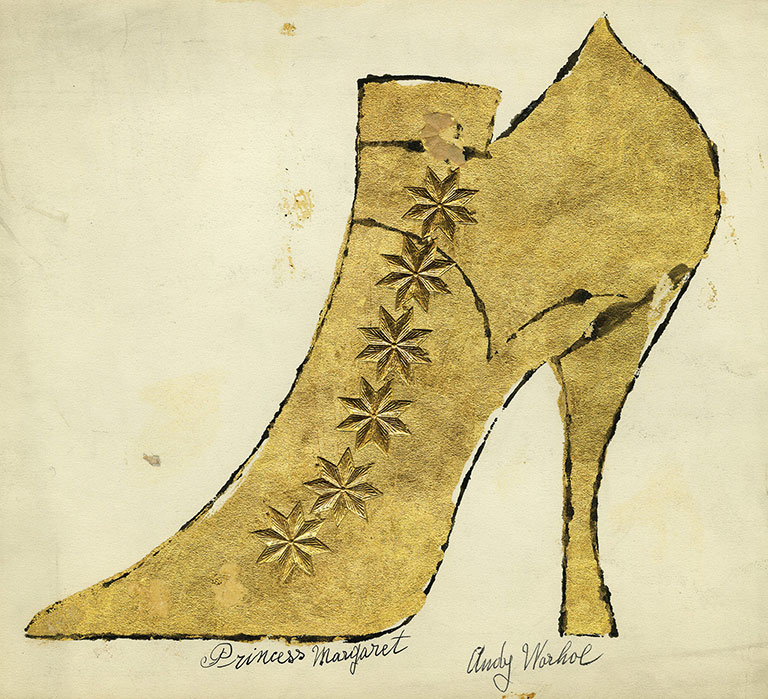 painting of a gold women's shoe with Warhol's mother's writing saying Princess Margaret,signed by Andy Warhol