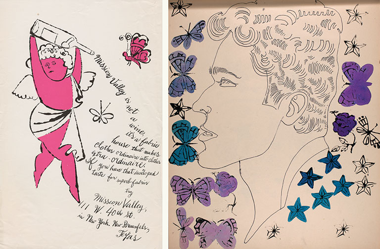 Two warhol illustrations. One is a fairy pouring words from a bottle, the other is a young man's profile with colorful butterflies surrounding it