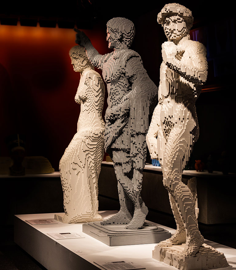 scultptures of David and other classic figures made from legos.
