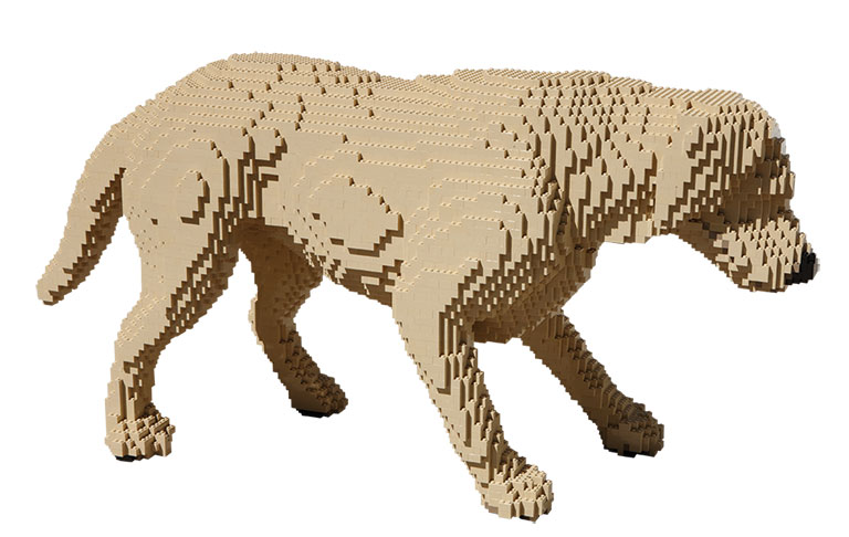 a tan dog made from lego bricks
