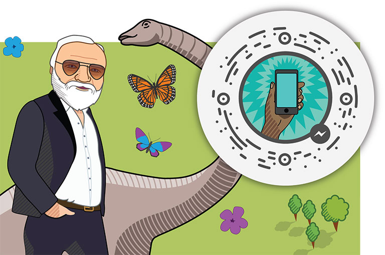 Cartoon illustration of a contemporary looking Andrew Carnegie standing next to Dippy the dinosaur and a scannable code