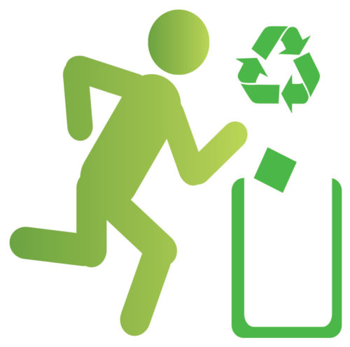 A symbol depicting a runner throwing trash into a garbage can